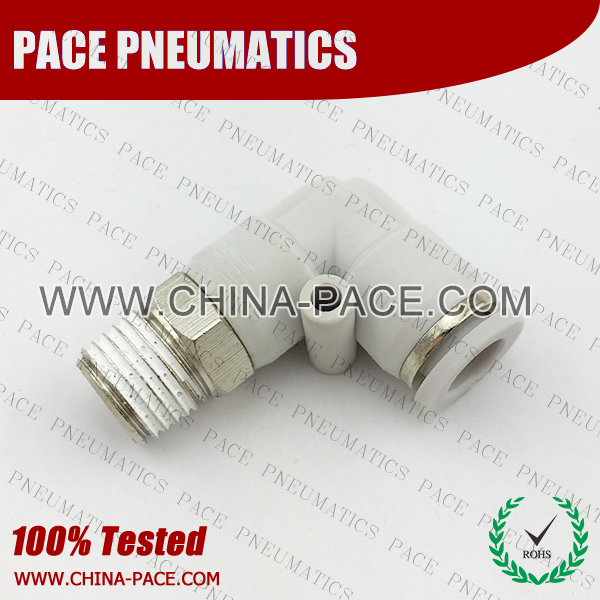 Male Elbow Grey Color Pneumatic Fittings, White Push To Connect Fittings, Air Fittings, white color push in fittings, Push In Air Fittings, Composite Push In Fittings, Polymer push to connect Fittings, Air Flow Speed Control valve, Hand Valve, pneumatic component
